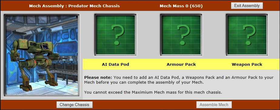 3 Module boxes to click in to add AI Data Pod, Armour Pack and Weapon Pack